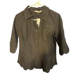 Soft Surroundings NWT Petite Small Embroidered Black Button-Up Blouse With Scall